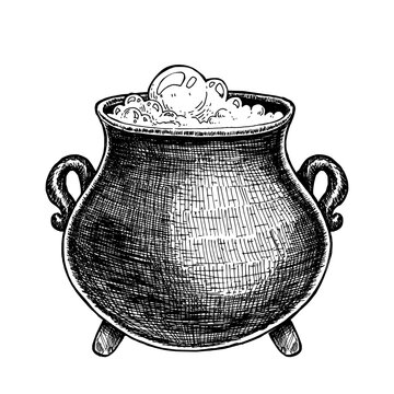 Cauldron with bubbling potion vetor illustation. Hand drawn sketch doodle isolated on white background. Witch caldron holiday engraving style ink drawing. Vintage witchcraft magical brew for Halloween