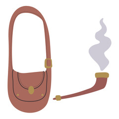 Set of fairytale traveler: magician, gnome. Hiking bag, pipe with smoke. Vector elements for illustration.