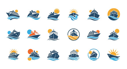 Diverse collection of cruise ship logo concepts for travel and tourism branding © punduh