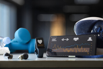 Sports activity tracking apps on phone and smartwatch in gym