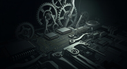 Vintage mechanical machine mechanism. The background of the gears is in the antique clock style.