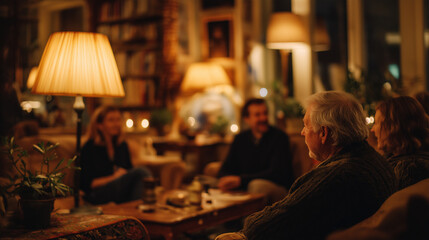 Family gathering in warm living room at night.