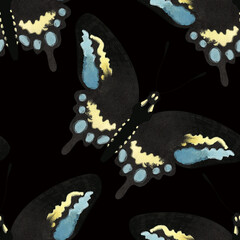 Black swallowtail Butterfly. Seamless watercolor pattern for printing on fabric, textiles, wrapping paper, bags, notebooks and notepads. Trend for spring/summer 2026
