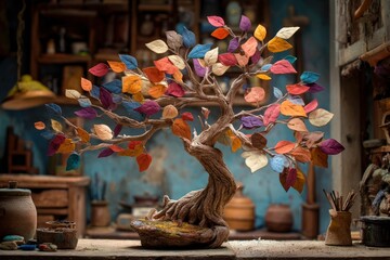 Bonsai Tree with Colorful Leaves in Artistic Workshop Setting