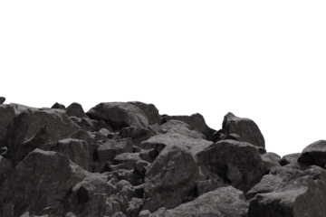 A low-angle view of an uneven terrain covered with numerous dark grey, rough-textured rocks under a transparent background. Natural, rugged surface