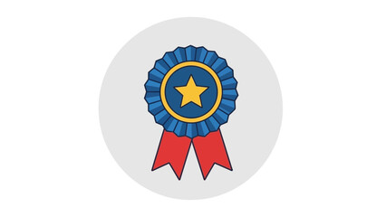 A blue and red award ribbon with a star in the center on a gray background