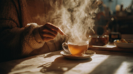 Person holding steaming mug at wooden table indoors.