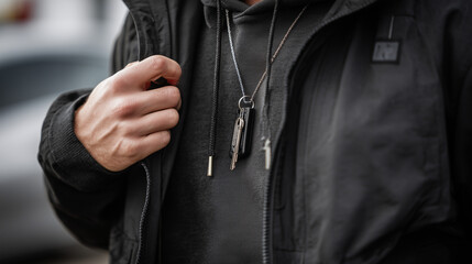 down jacket zipper closeup. Man's Hand Adjusting Zipper on Black Jacket with Pendant, Urban Street Style, Modern Fashion, Casual Outfit
