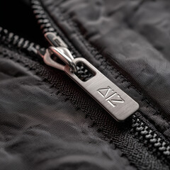 down jacket zipper closeup. Close-up of a black zipper on textured fabric, modern garment detail, stylish clothing accessory, fashion, design, luxury, macro shot, urban wear