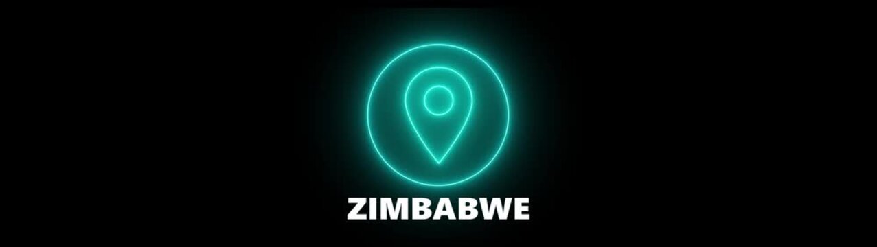 Glowing Cyan Neon Location Pin Icon Above the Word ZIMBABWE on a Black Background Zimbabwe marker