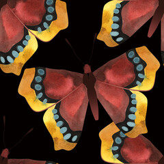 butterfly. Morning cloak or Nymphalis antiopa. Seamless watercolor pattern for printing on fabric, textiles, wrapping paper, bags, notebooks and notepads.