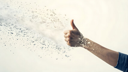 A hand giving the thumbs up with dissolving particle effect