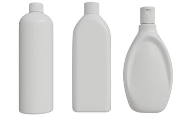 Three blank, white plastic bottles stand upright transparent background. They vary in shape cylindrical, rectangular, and an ergonomic, curved design with a flip-top
