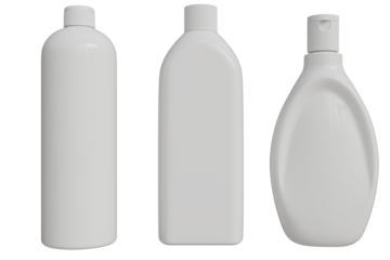 Three blank, white plastic bottles stand upright transparent background. They vary in shape cylindrical, rectangular, and an ergonomic, curved design with a flip-top