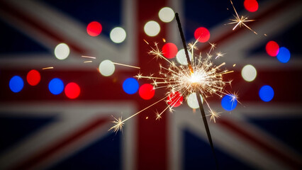 Sparklers Celebrating with Union Jack Flag Background and Colorful Bokeh Lights