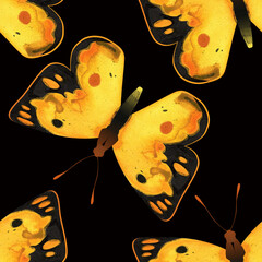 Butterfly. Orange Sulfur or Colias eurytheme. Seamless watercolor pattern for printing on fabric, textiles, wrapping paper, bags, notebooks and notepads.