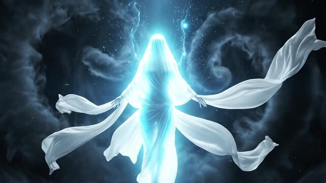 Ghostly figure swirls, materializing dramatically in a dark mystical void.