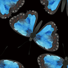 Butterfly. Blue Morpho. Seamless watercolor pattern for printing on fabric, textiles, wrapping paper, bags, notebooks and notepads. Trend for ss2026