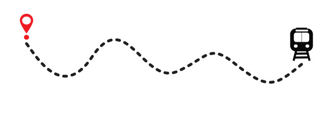 Vector illustration of a train route with dotted lines and location markers. Travel navigation, transportation, road map, winding, straight with flat design. © Erlin