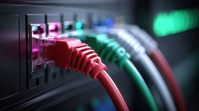 Closeup Network Cables Connected To Server Ports - Powered by Adobe