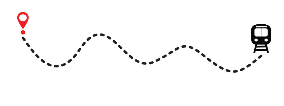 Vector illustration of a train route with dotted lines and location markers. Travel navigation, transportation, road map, winding, straight with flat design.