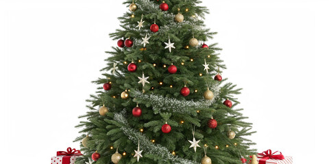 Christmas tree against a png white background tree decorated with baubles, fairy lights for holiday cards, e-commerce banners, social media content, or luxury brand campaigns.