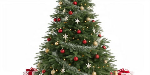 Christmas tree against a png white background tree decorated with baubles, fairy lights for holiday cards, e-commerce banners, social media content, or luxury brand campaigns.