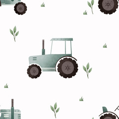 Hand drawn tractors seamless pattern. Perfect for textile, wallpaper or print design
