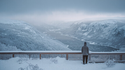 Person standing at railing overlooking snowy valley.