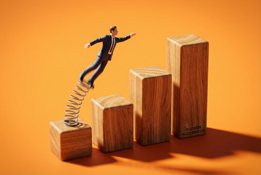 Business growth concept with businessman figure jumping on spring from wooden blocks staircase on orange background.