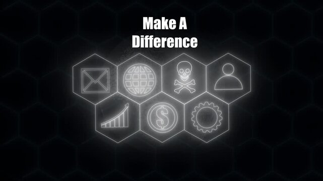 "MAKE A DIFFERENCE" Concept with Neon Icons and Hexagonal. rotating world map icon, Business, Technology, Internet and networking concept, 4k video
