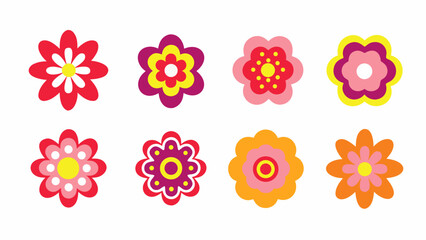 Collection of colorful retro flower icons in a flat vector style for spring and summer designs