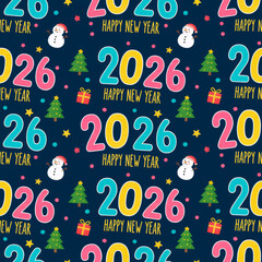 seamless pattern with 2026 numbers snowmen and christmas trees on blue background