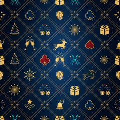 luxury dark blue background with gold christmas symbols in diamonds