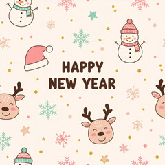 cute christmas background with reindeer faces and snowmen in pastel colors