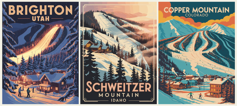 Retro style triptych of ski resort travel posters featuring Brighton Utah Schweitzer Mountain Idaho and Copper Mountain Colorado winter scenes.