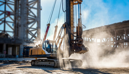 Heavy machinery operating at a construction site with dust and debris flying everywhere