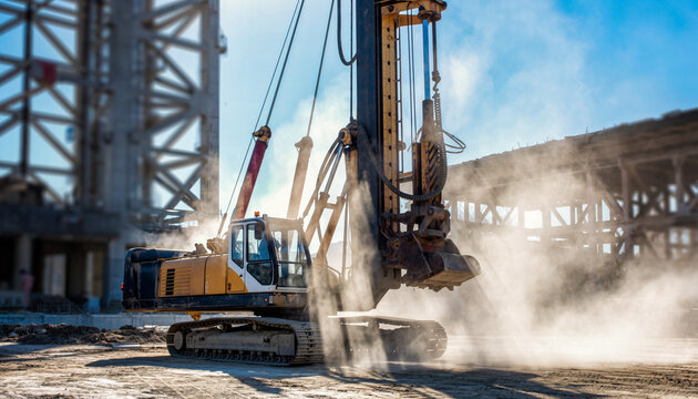 Heavy machinery operating at a construction site with dust and debris flying everywhere - Powered by Adobe