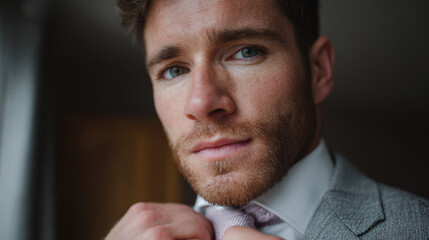 Groom adjusting his tie before the ceremony can be a moment of anticipation and focus..