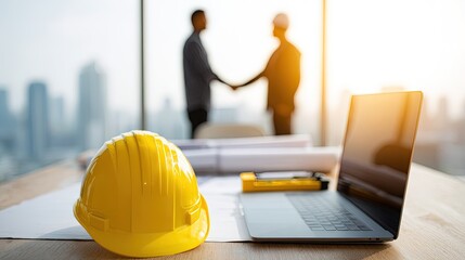 Business Meeting With Construction Plans And Safety Helmet