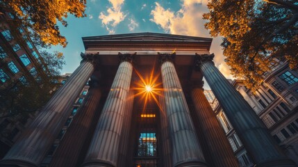 Sunlight streams through the colonnade of this classical building, making it ideal for atmospheric backgrounds in educational materials or architectural projects.