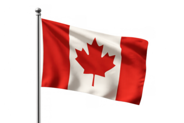 Canadian national flag with red maple leaf symbol on flagpole, proudly waving, representing nation, identity, and patriotism with transparent background