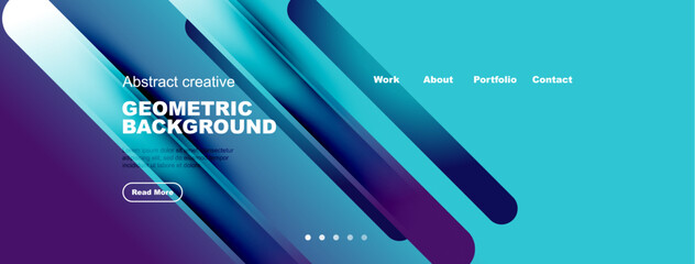 Abstract geometric design. Blue gradients dominate, with white text, navigation options, plus read more button visible. Modern aesthetic.