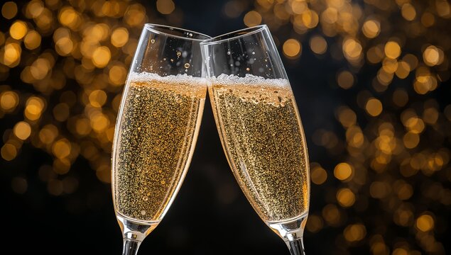Romantic toast with sparkling prosecco against a dark amber night background. - Powered by Adobe