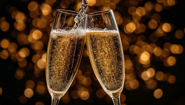 Close-up of clinking glasses filled with sparkling wine and rising bubbles in a luxury party.