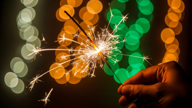 Hand Holding Sparkling Firework with Irish Flag Colors in Background - Powered by Adobe