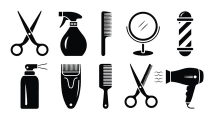A set of black and white minimalist icons of barbershop and hairdressing tools arranged in two rows.