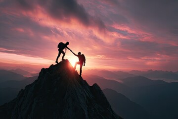 Silhouette Mountain Climbers Helping Each Other Sunrise
