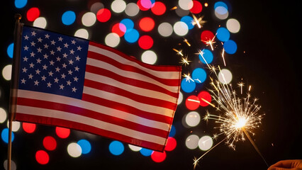 Obraz premium American Flag Waving with Sparklers and Red, White, Blue Lights on 4th of July Celebration