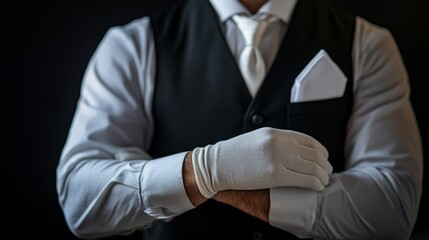 A man in a formal suit and white gloves symbolises elegance and professionalism — a suitable backdrop for presentations on business etiquette or invitations to formal events.